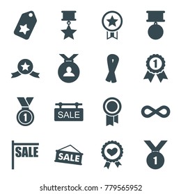 Ribbon icons. set of 16 editable filled ribbon icons such as medal, tag, sale, eternity, sale tag, number 1 medal