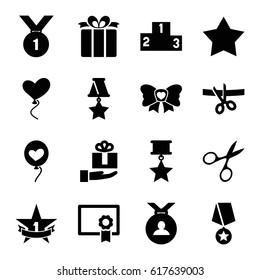 Ribbon icons set. set of 16 ribbon filled icons such as manicure scissors, Star, medal, heart baloons, present, bow, 1st place star, ranking, diploma, gift on hand