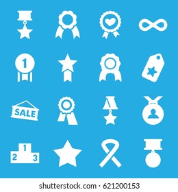 Ribbon icons set. set of 16 ribbon filled icons such as Star, award, medal, eternity, ranking, sale, number 1 medal, medal with star
