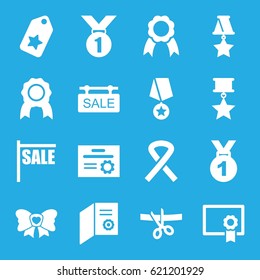 Ribbon icons set. set of 16 ribbon filled icons such as bow, sale tag, diploma, medal, medal with star, tag