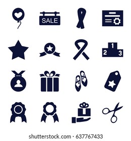 Ribbon icons set. set of 16 ribbon filled icons such as ribbon, manicure scissors, star, medal, heart baloons, present, sale tag, ranking, ballet shoes, gift on hand