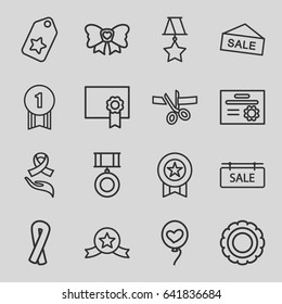 Ribbon icons set. set of 16 ribbon outline icons such as heart baloons, bow, sale tag, diploma, medal, tag, number 1 medal, medal with star, award