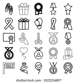 Ribbon icons. set of 25 editable outline ribbon icons such as award, medal, heart baloons, present, ballet shoes, diploma, medal with star, manicure scissors, sale