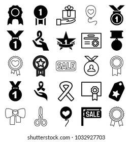 Ribbon icons. set of 25 editable filled and outline ribbon icons such as tag, medal, heart baloons, 1st place star, number 1 medal, gift on hand, diploma, sale