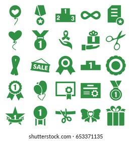 Ribbon icons set. set of 25 ribbon filled icons such as manicure scissors, heart baloons, present, bow, eternity, medal, 1st place star, ranking, diploma, award, sale