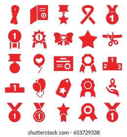 Ribbon icons set. set of 25 ribbon filled icons such as star, heart baloons, bow, medal, ranking, number 1 medal, medal with star, diploma
