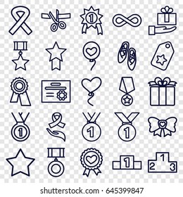 Ribbon icons set. set of 25 ribbon outline icons such as star, award, heart baloons, present, bow, eternity, ranking, medal, ballet shoes, tag, number 1 medal, medal with star