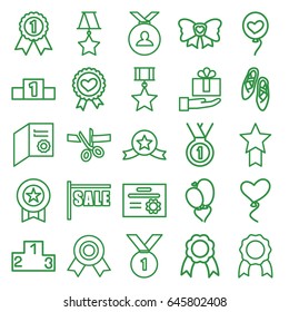 Ribbon icons set. set of 25 ribbon outline icons such as medal, heart baloons, bow, ranking, ballet shoes, sale, diploma, number 1 medal, medal with star