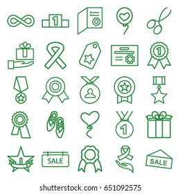 Ribbon icons set. set of 25 ribbon outline icons such as manicure scissors, award, medal, heart baloons, present, eternity, sale tag, ranking, 1st place star, ballet shoes