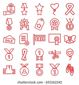 Ribbon icons set. set of 25 ribbon outline icons such as medal, heart baloons, bow, diploma, ranking, ballet shoes, tag, sale, number 1 medal, medal with star