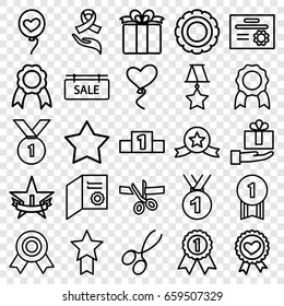 Ribbon icons set. set of 25 ribbon outline icons such as manicure scissors, star, heart baloons, present, sale tag, ranking, medal, 1st place star, diploma, number 1 medal