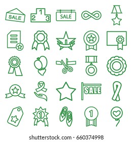 Ribbon icons set. set of 25 ribbon outline icons such as star, award, heart baloons, eternity, sale tag, diploma, medal, 1st place star, ranking, ballet shoes, tag, sale