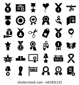 Ribbon icons set. set of 36 ribbon filled icons such as manicure scissors, award, medal, heart baloons, bow, sale tag, 1st place star, ballet shoes, diploma, ranking