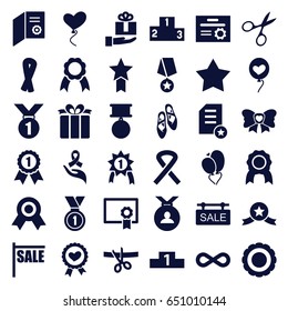 Ribbon icons set. set of 36 ribbon filled icons such as manicure scissors, star, medal, heart baloons, present, bow, eternity, sale tag, ranking, ballet shoes, diploma, award