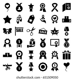Ribbon icons set. set of 36 ribbon filled icons such as manicure scissors, star, award, medal, heart baloons, present, bow, 1st place star, ranking, ballet shoes, diploma