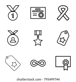 Ribbon icons. set of 9 editable outline ribbon icons such as medal, tag, ribbon, eternity, diploma, number 1 medal