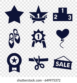Ribbon icons set. set of 9 ribbon filled icons such as star, heart baloons, 1st place star, ranking, ballet shoes, sale, number 1 medal, scissors and ribbon