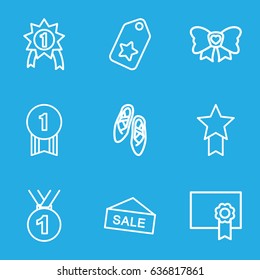 Ribbon icons set. set of 9 ribbon outline icons such as bow, diploma, ballet shoes, tag, medal, number 1 medal, medal with star