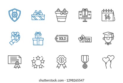 ribbon icons set. Collection of ribbon with ballons, medal, best, certificate, graduate, voucher, tag, gifts, gift, valentines day. Editable and scalable ribbon icons.