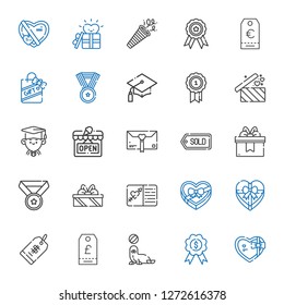 ribbon icons set. Collection of ribbon with gift, medal, seal, tag, price tag, chocolate box, wedding invitation, gifts, open, graduate, graduation. Editable and scalable ribbon icons.