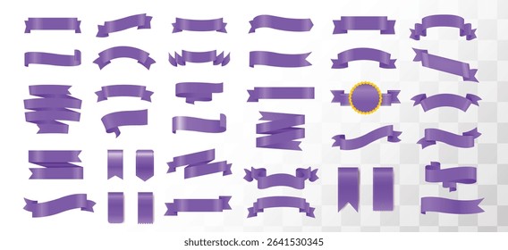Ribbon illustration, icon, and frame design set, Purple color collections,  ribbon bow with trim and straight horizontal border, Purple blank price tags, labels or badges, Ribbon banners for advertise