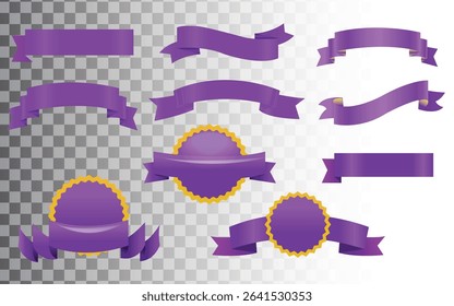 Ribbon illustration, icon, and frame design set, Purple color collections,  ribbon bow with trim and straight horizontal border, Purple blank price tags, labels or badges, Ribbon banners for advertise