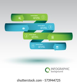 Ribbon infographic business concept with green and blue curved arrows four options and icons isolated vector illustration