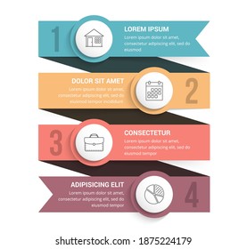 Ribbon infographics, template with four elements with icons and text, three steps or options, vector eps10 illustration