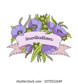 ribbon with inscription "invitation" with flowers: poppies, leaves, buds and branches great for your greeting card, invitation, poster, blog, website, t-shirt, and other