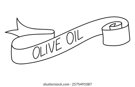 A ribbon with the inscription olive oil in a contour style. A black outline on a white background. The element is isolated. A developing ribbon in the wind. The curl is flat for information