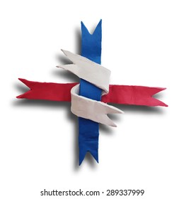 Ribbon interwoven, badge or batch for 4 July American Independence Day and other events, isolated on white color background. Vector illustration. Plasticine modeling.