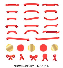 Ribbon. Ribbon label. Ribbon bow tie. Ribbon tie. label. Ribbon vintage icon, Ribbon and labels banner. Sport Champion icon. Set of ribbons and labels in red and gold color. Award ribbon icon Vector.