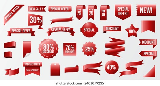 Ribbon Label red color gradient. Flat style design. Shinny label. Solds. Discount label.