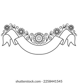 Ribbon label and sunflower hand drawn for adult coloring book