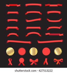 ribbon and labels icon set, red ribbons banner, sign logo, stickers, ribbons bow tie isolated, bow tie, tied, winner, gold award medal, gold flat icons, world cup trophy award vector collection 2025