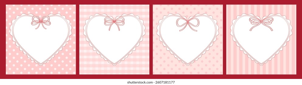 Ribbon lace frames with bow. Set of heart shaped frames with bow on square background. Vintage ribbons frames. Cute cards for invitation or holiday with space for text.