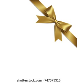 Ribbon Lean Gold Bow on White Background. Vector Illustration of Gold Ribbon Bow with Greeting Gift Concept. 