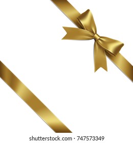 Ribbon Lean Gold Bow On White Background. Vector Illustration Of Lean Gold Ribbon Bow With Greeting Gift Concept. 