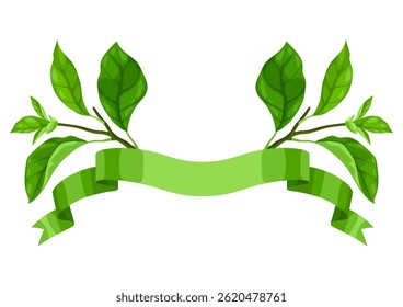 Ribbon with leaves. Spring or summer stylized foliage.