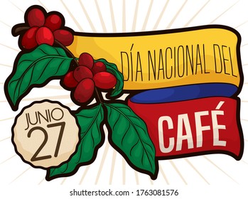 
Ribbon like Colombian flag, coffee plant and rounded label reminding at you to celebrate Colombian National Coffee Day (written in Spanish) in June 27.