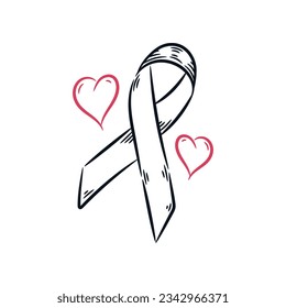 Ribbon love heart breast cancer awareness line drawing. Hand drawn sketch vintage vector illustration