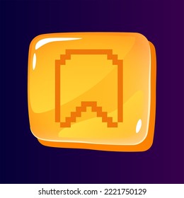 Ribbon mark glossy ui button with pixelated icon. Mark content. Editable 8bit graphic element on shiny square shape. Isolated vector user interface image for web, mobile. Retro style game design