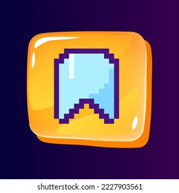 Ribbon mark glossy ui button with pixelated color icon. Mark chosen content online. Customer. Editable 8bit graphic element on shiny glass rectangle shape. Isolated image for arcade, video game design