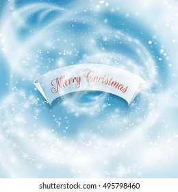 Ribbon with Merry christmas frozen window with falling snow holiday vector background. Eps10.