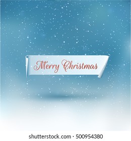 Ribbon with Merry christmas frozen window with falling snow holiday vector background. Eps10.