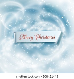 Ribbon with Merry christmas frozen window with falling snow holiday vector background. Eps10.