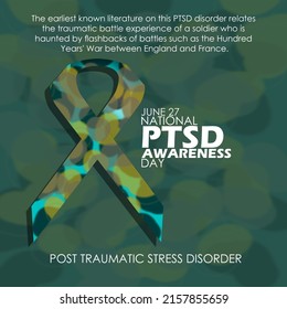 Ribbon with military pattern with bold texts and sentences, National PTSD Awareness Day June 27