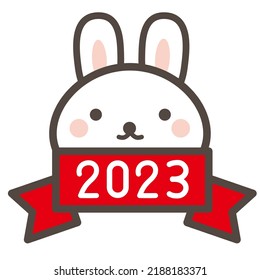 Ribbon New Year's card material with the word 2023 written below the rabbit's face.