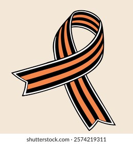 A ribbon with orange and black stripes is displayed. The ribbon is made of a material that is orange and black in color. The ribbon is long and thin, and it is tied in a knot at one end