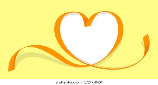 ribbon orange heart shape isolated on yellow, copy space, ribbon line orange heart-shaped, heart shape ribbon stripes for banner, border tape curl heart shaped for decoration greeting valentine card